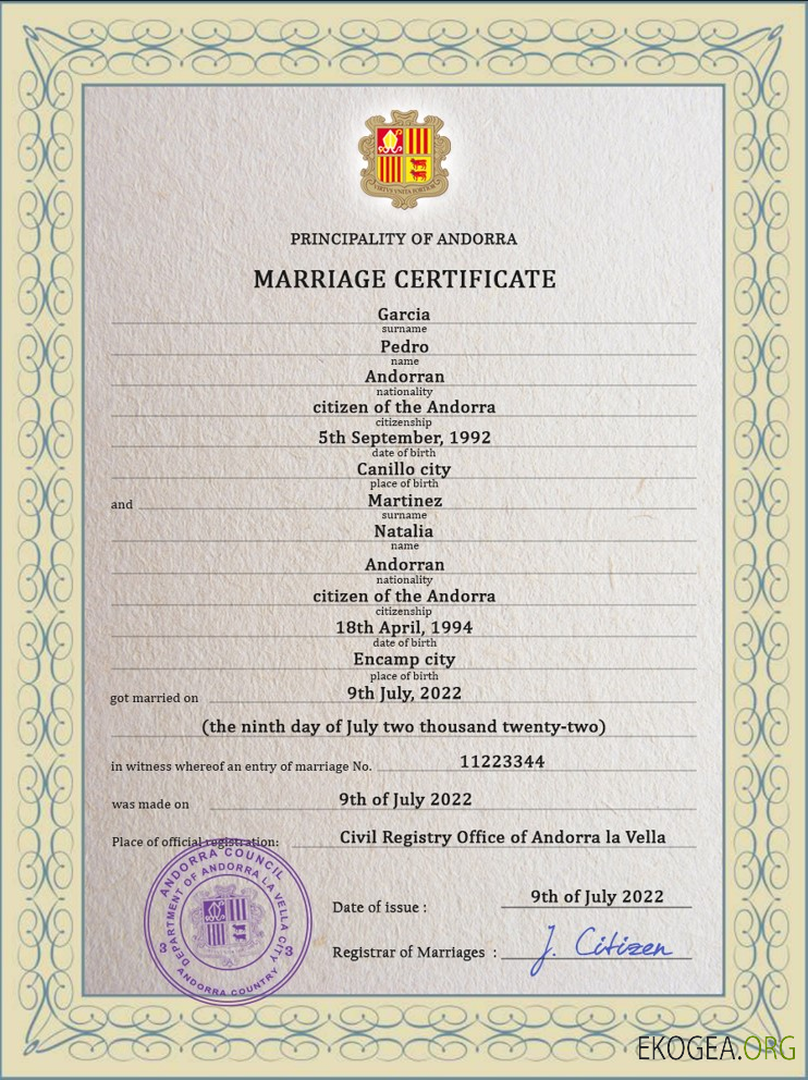 Modèle PSD de certificat de mariage d'Andorre